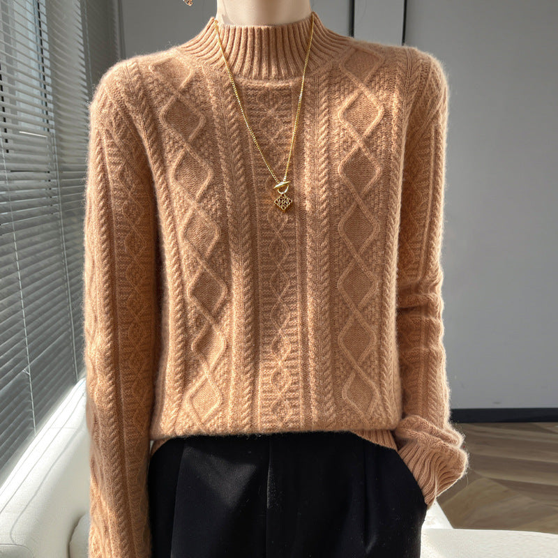 Women Cozy Mohair-Optic Mock Neck Sweater with Diamond Cable Structure and Boxy Silhouette Mune Fashion