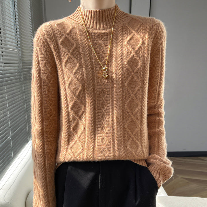 Women Cozy Mohair-Optic Mock Neck Sweater with Diamond Cable Structure and Boxy Silhouette Mune Fashion
