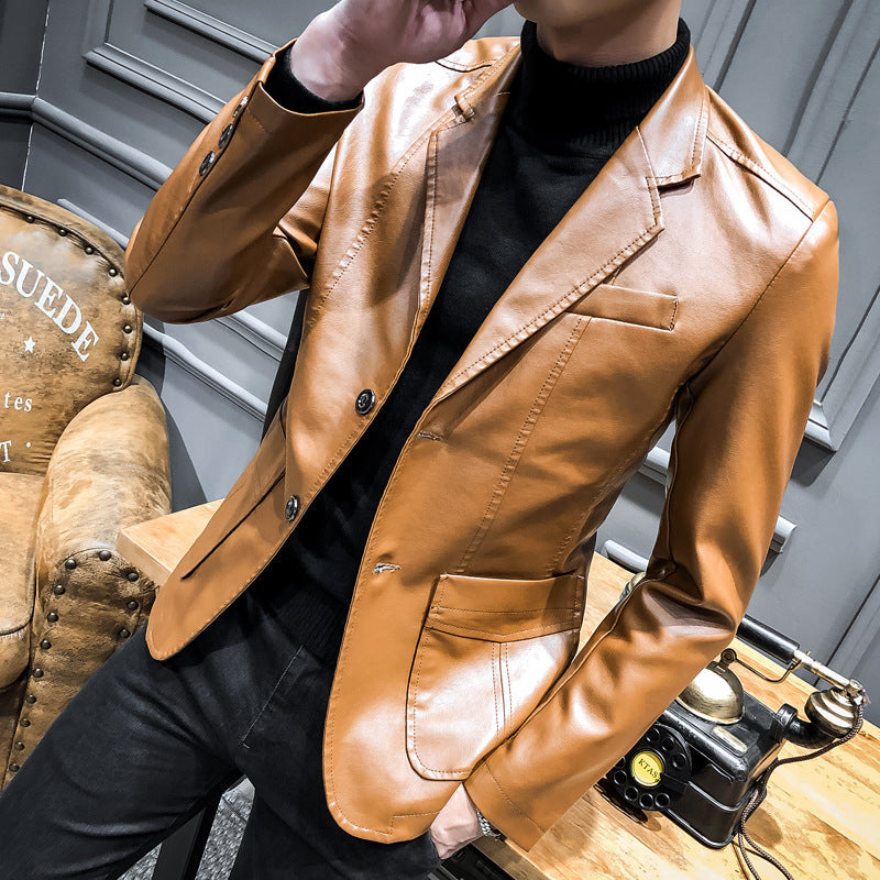 Men's Faux Leather Blazer in Slim Fit with Chest Pocket and Patch Pockets Mune Fashion