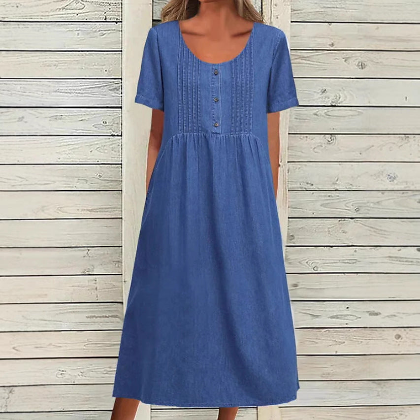 Ladies' knee-length dress in denim look with round neckline, chest piping and side inset pockets Mune Fashion
