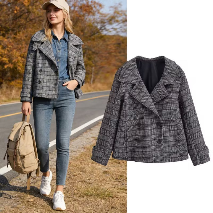 Women's Cropped Double-Breasted Blazer in Glen Check with Oversized Lapels and Turn-Up Sleeves Mune Fashion