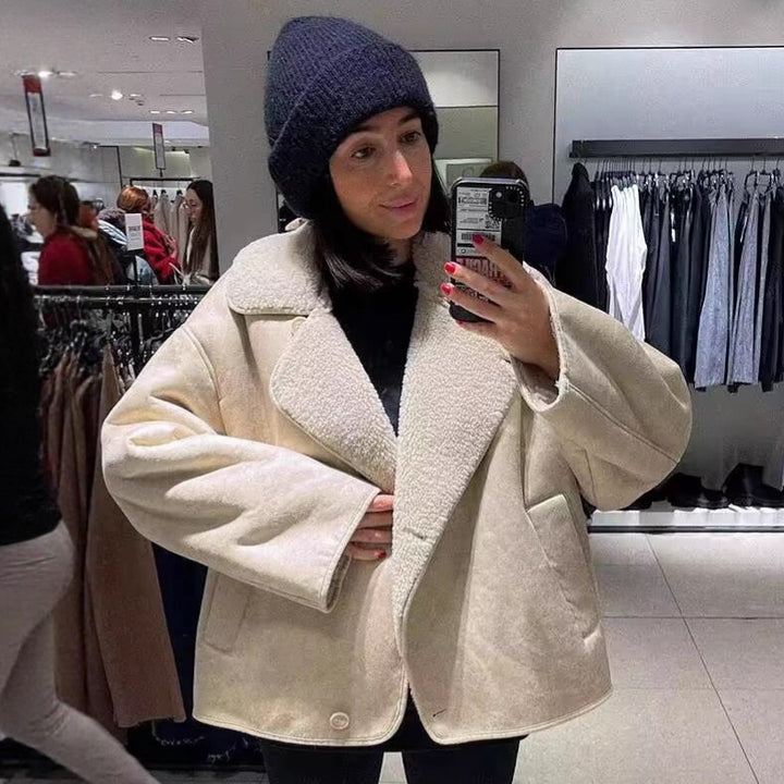 Ladies short jacket in lamb fur look with shawl collar and side patch pockets Mune Fashion