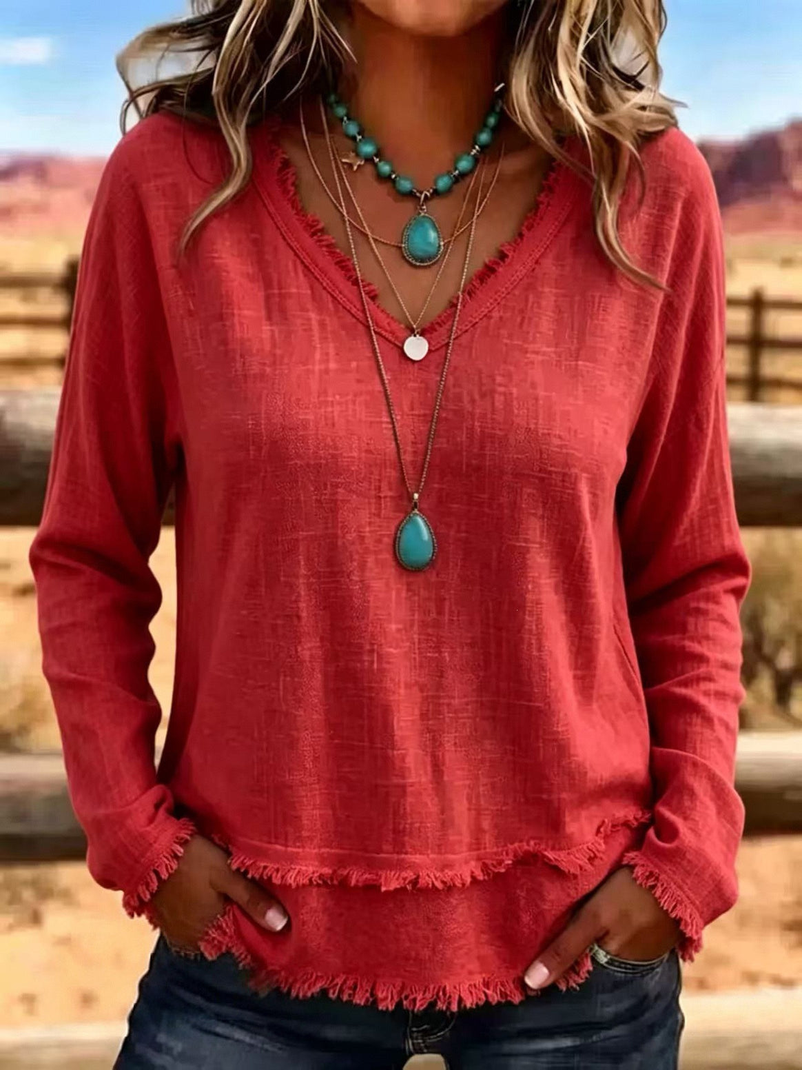 Women's Casual Long Sleeve Top with Fringes Mune Fashion