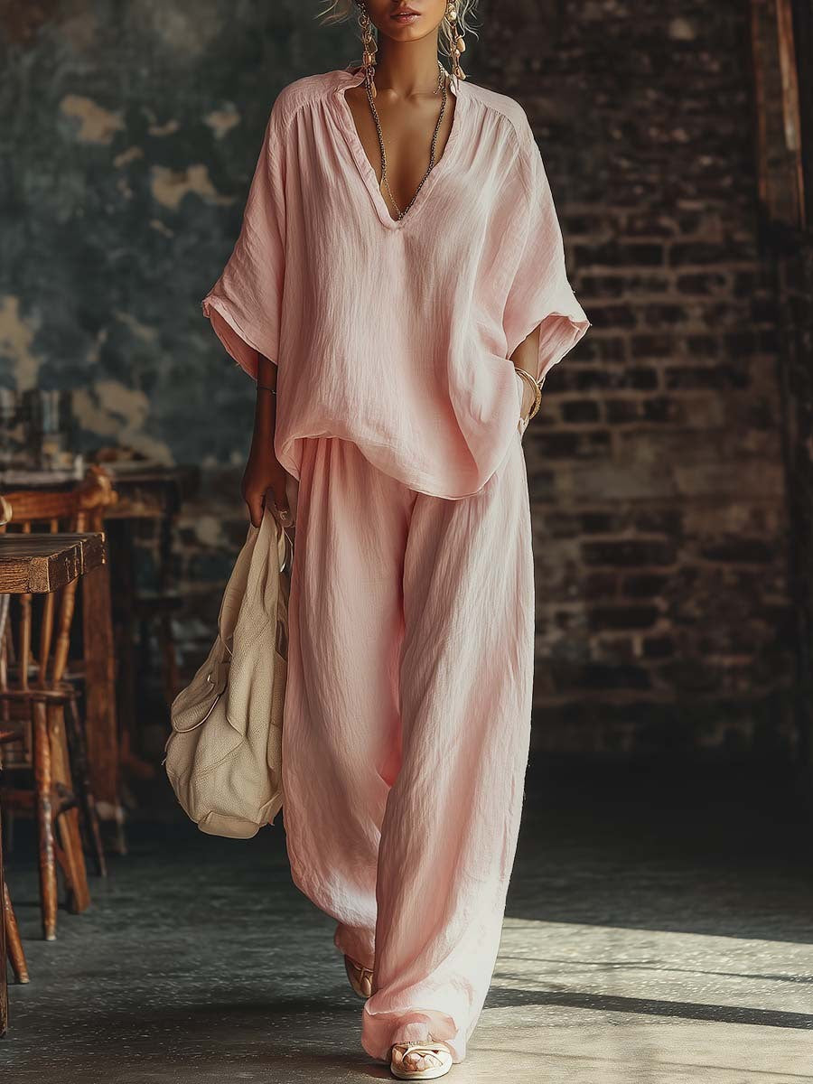 Women's casual two-piece linen-look set with deep V-neck, oversized blouse and wide palazzo pants Mune Fashion