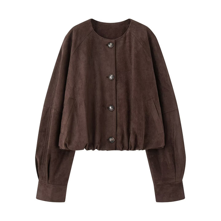 Women Short Blouson Jacket in Cropped Look with Round Neckline and Balloon Sleeves Mune Fashion