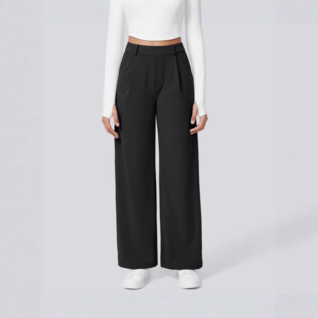 Ladies Elegant High-Waist Palazzo Pants with Front Pleats and Side Pockets Mune Fashion