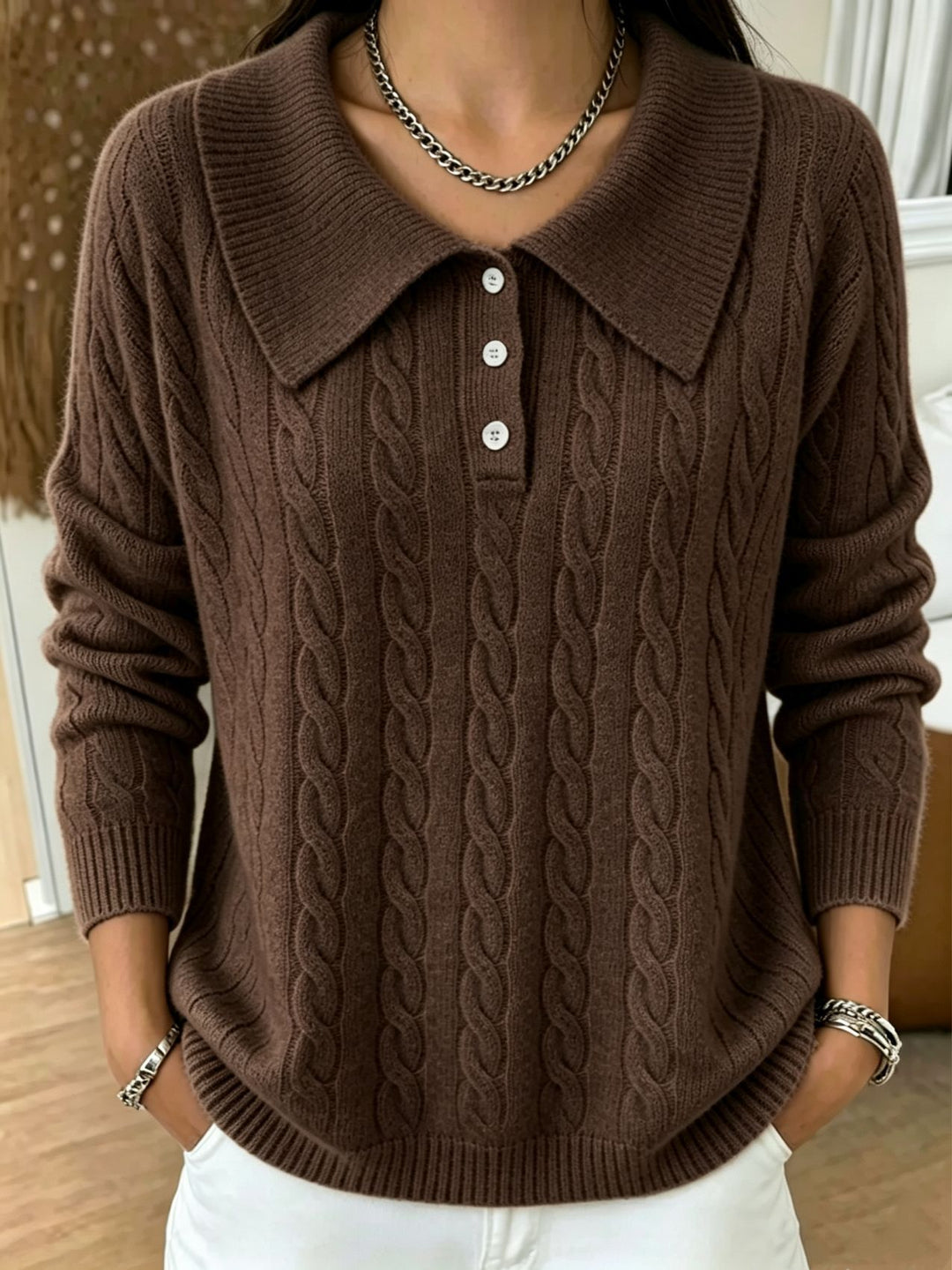 Women's cable knit polo sweater with large folded collar and relaxed silhouette Mune Fashion