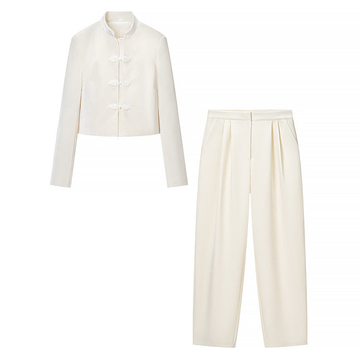Women's Two-Piece Set with Tailored Short Mandarin Jacket and High-Waisted Pleated Trousers Mune Fashion