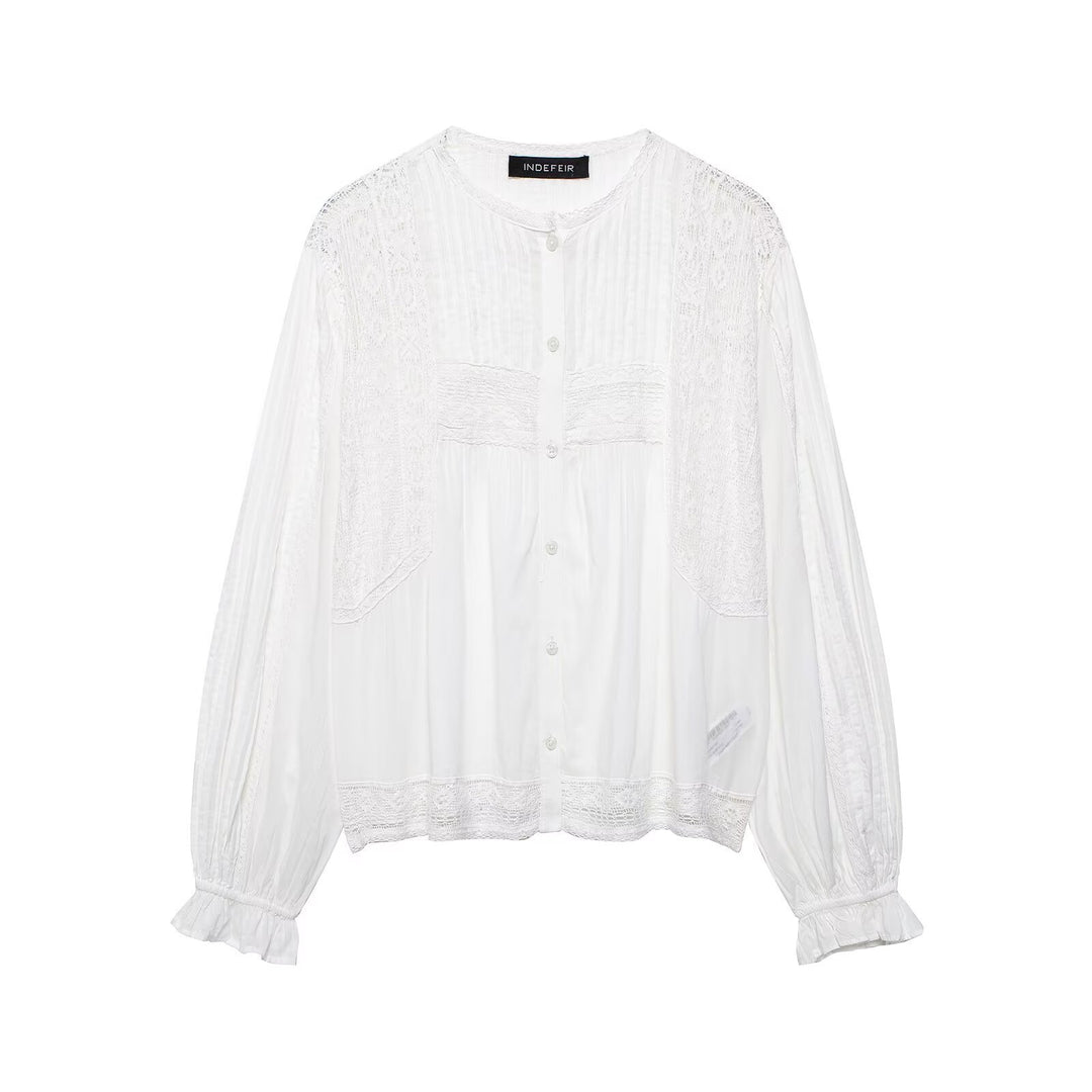 Women's lace blouse with pleat and lace trim, button placket and balloon sleeves Mune Fashion