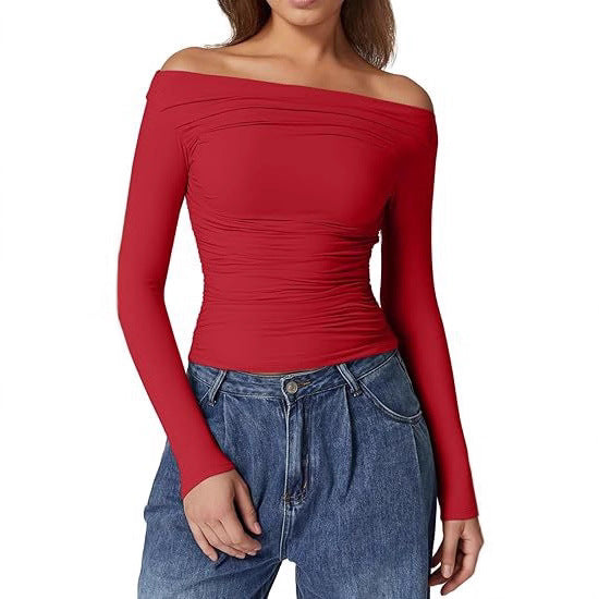 Women's Off-Shoulder Tailored Stretch Long Sleeve with Gathering and Figure-Hugging Silhouette Mune Fashion