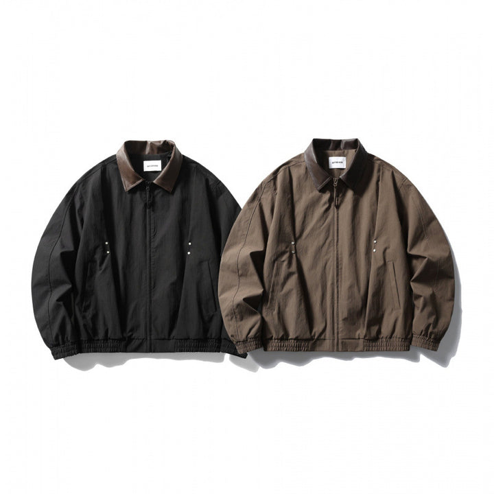 Men's loose-fitting zip jacket with contrast collar made of faux leather and elastic hem Mune Fashion