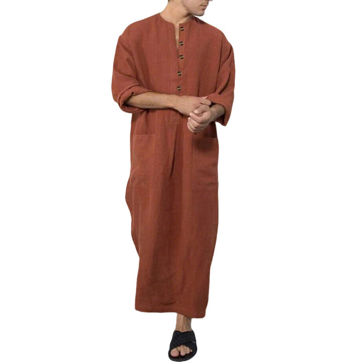 Men's wide long tunic-kaftan made of breathable linen with stand-up collar, button placket, and patch pockets Mune Fashion