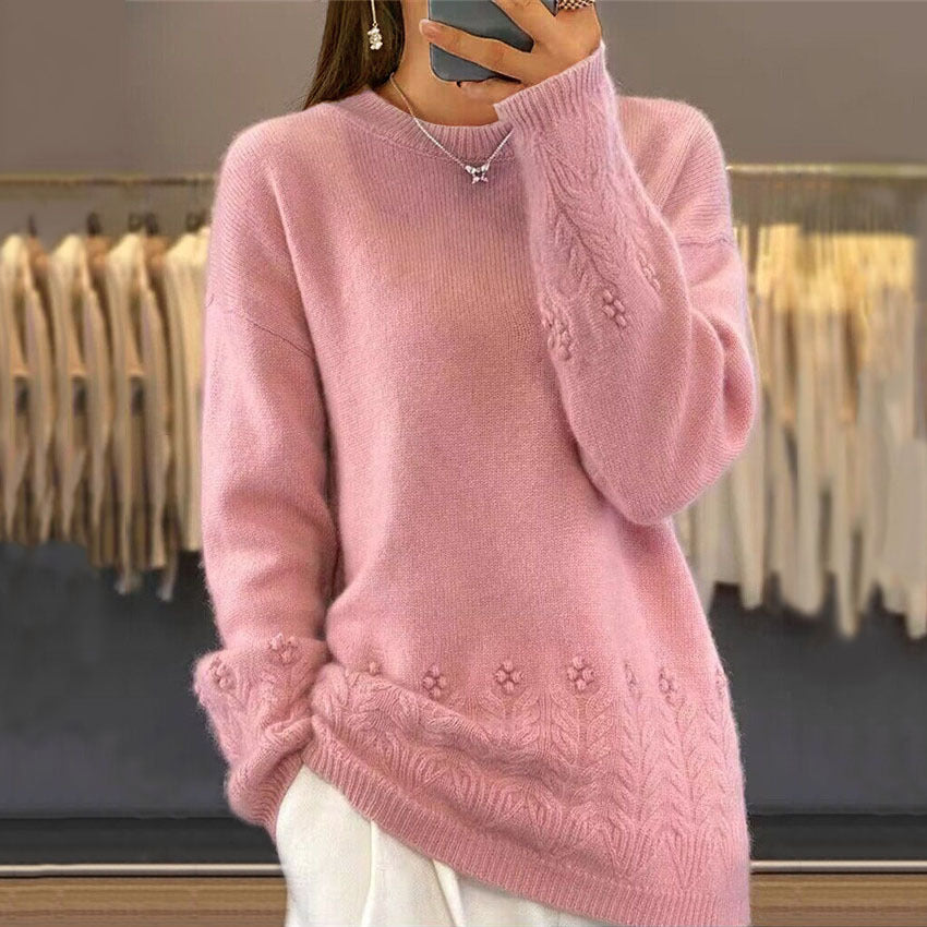Ladies nan cozy oversized cashmere blend sweater with cable pattern and pearl application Mune Fashion