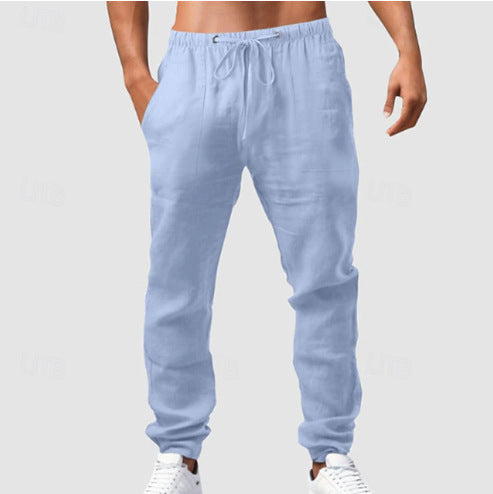 Men's relaxed sporty linen leisure pants with drawstring waistband, elastic ankle cuffs, and side seam pockets Mune Fashion