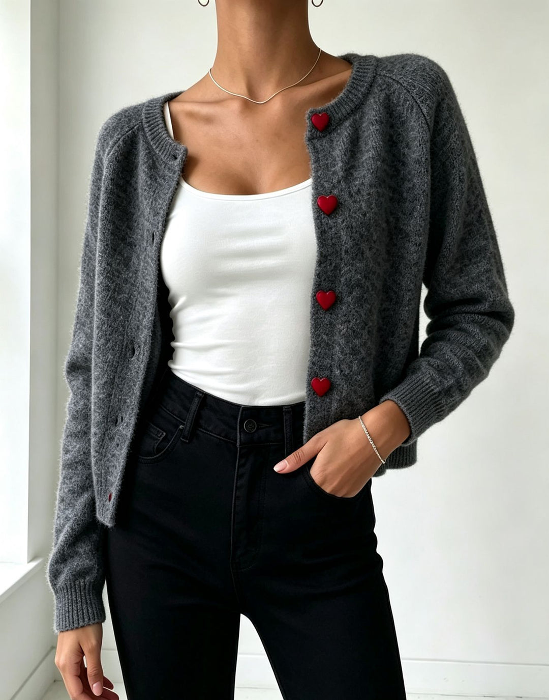 Women's knit cardigan with heart-shaped decorative buttons and soft mohair look Mune Fashion