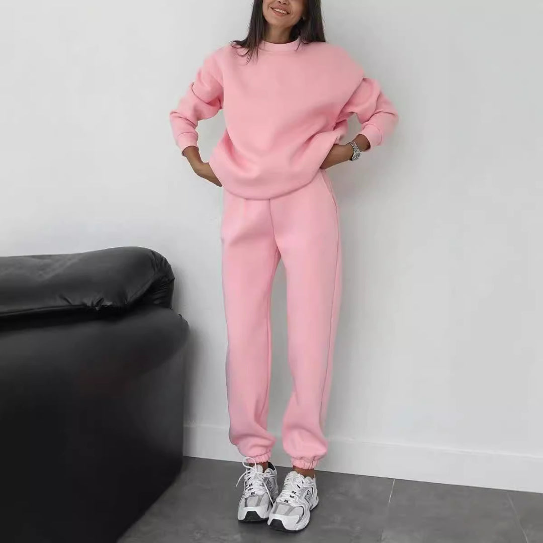Women's minimalist cozy set made of heavy French terry with wide crew neck sweater and straight joggers Mune Fashion