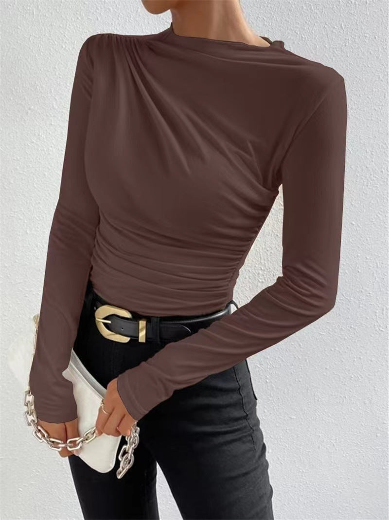 Women nan gathered long sleeve shirt with asymmetric boat neckline and figure-hugging silhouette Mune Fashion