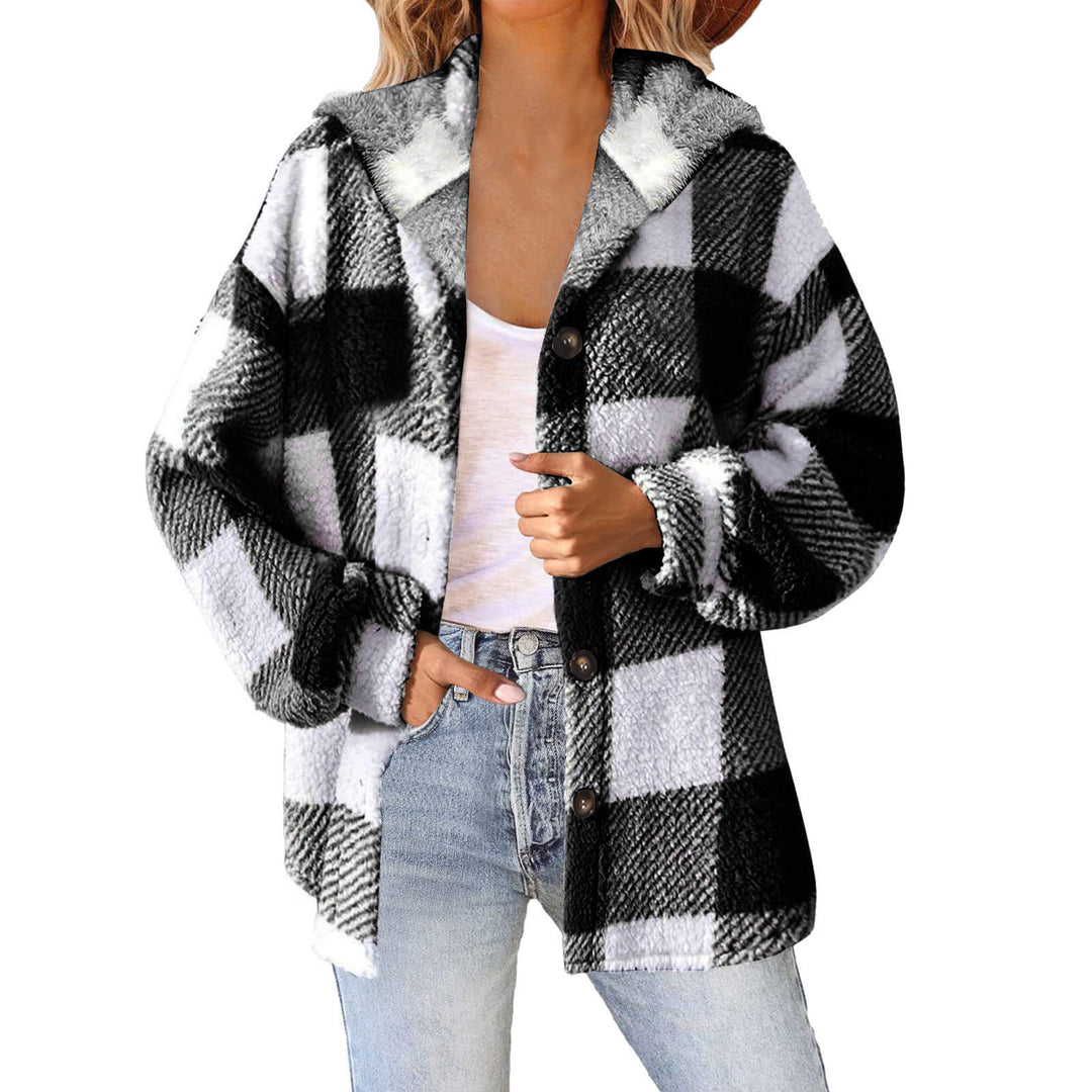 Women's fluffy checked teddy jacket with hood, button closure and oversized fit Mune Fashion