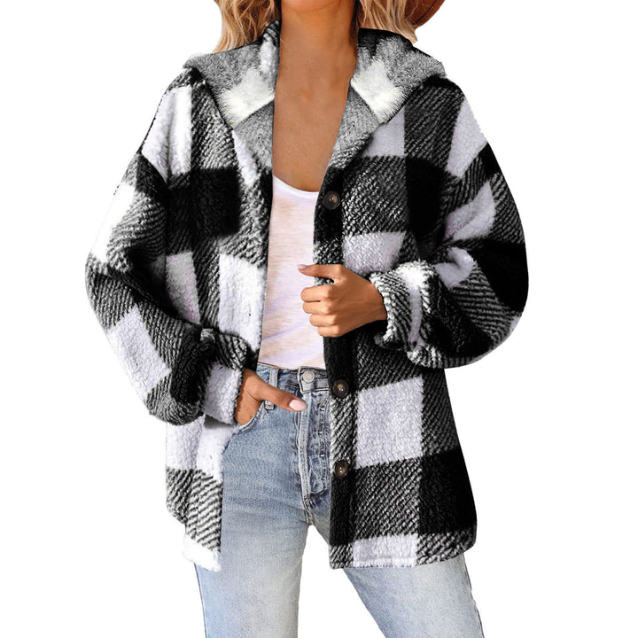 Women's fluffy checked teddy jacket with hood, button closure and oversized fit Mune Fashion