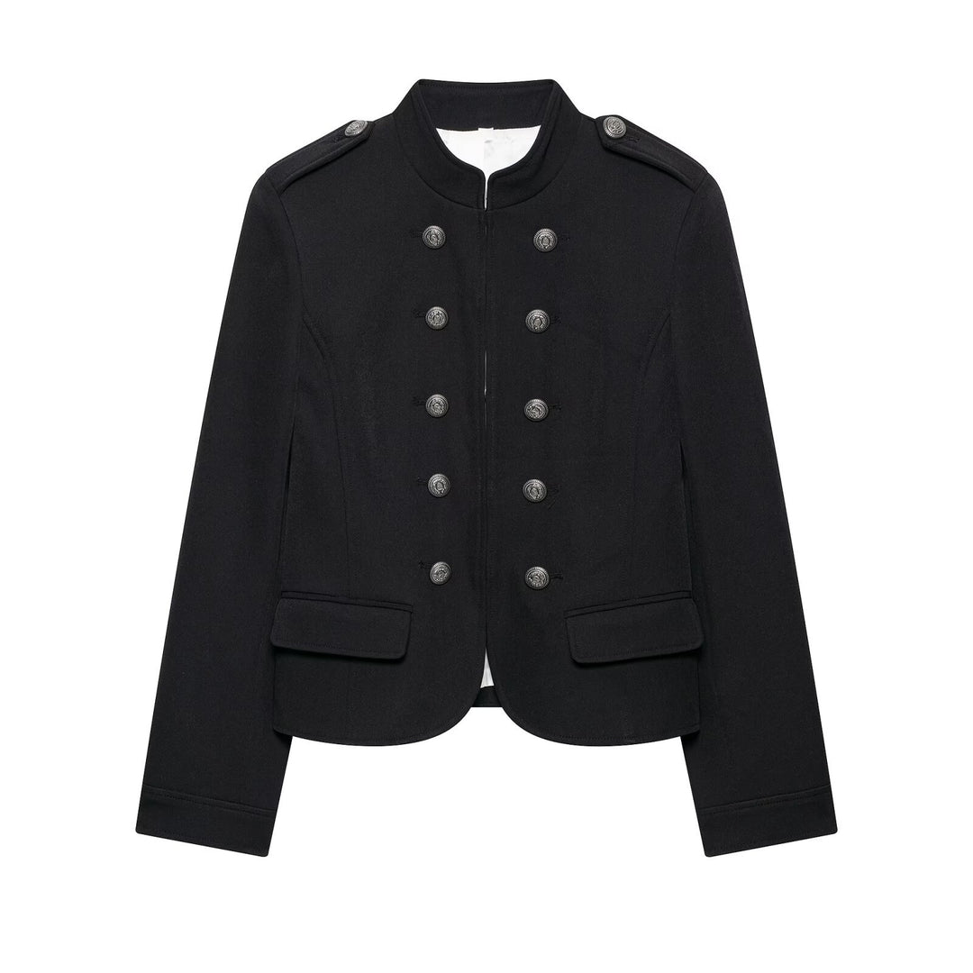 Women Tailored Military Short Jacket with Stand-Up Collar and Double Row Mune Fashion