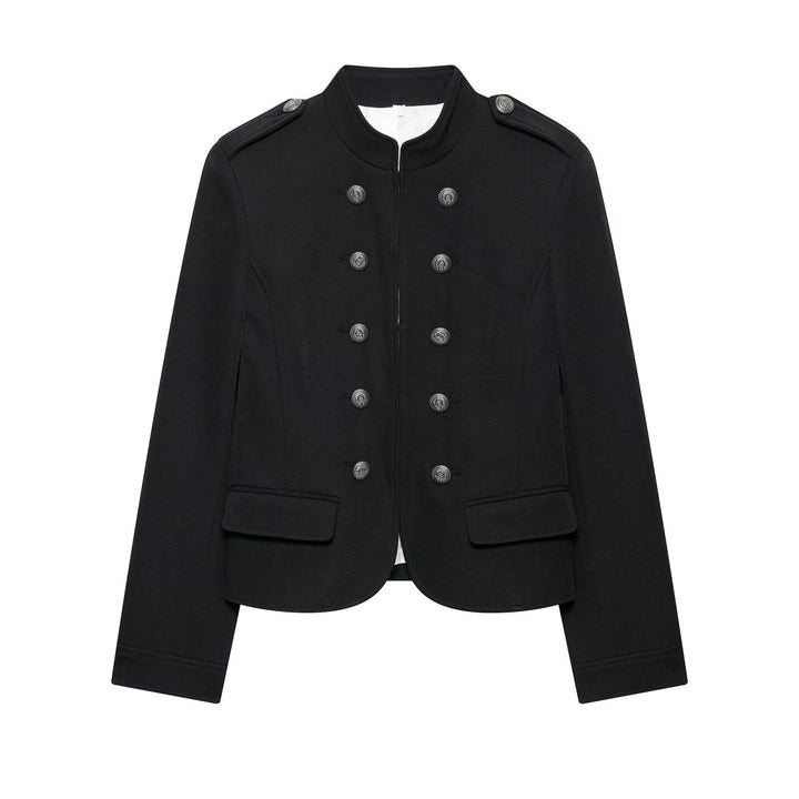 Women Tailored Military Short Jacket with Stand-Up Collar and Double Row Mune Fashion
