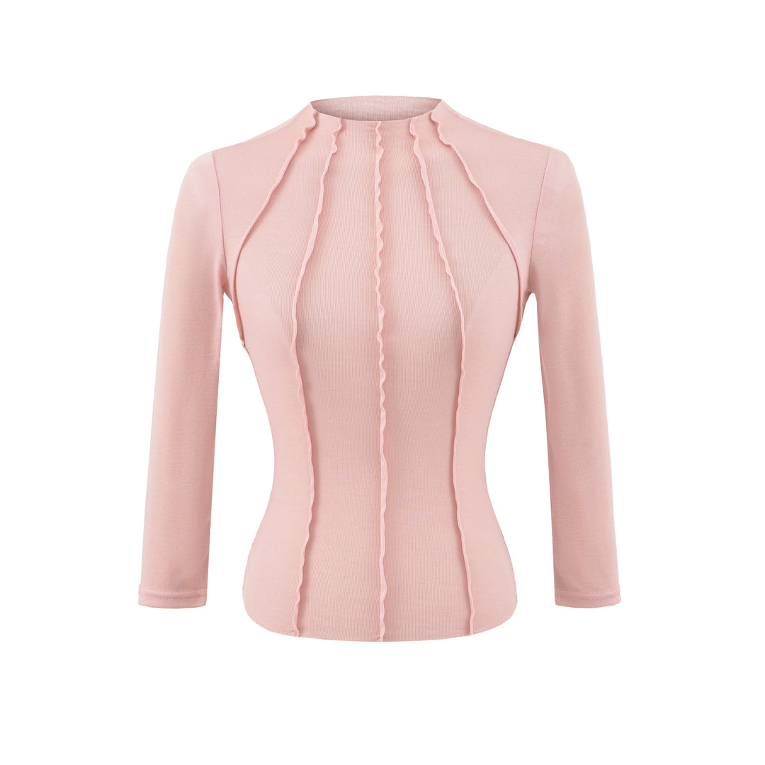 Women's Fitted Long Sleeve Shirt with Stand-Up Collar and Decorative Ruffles