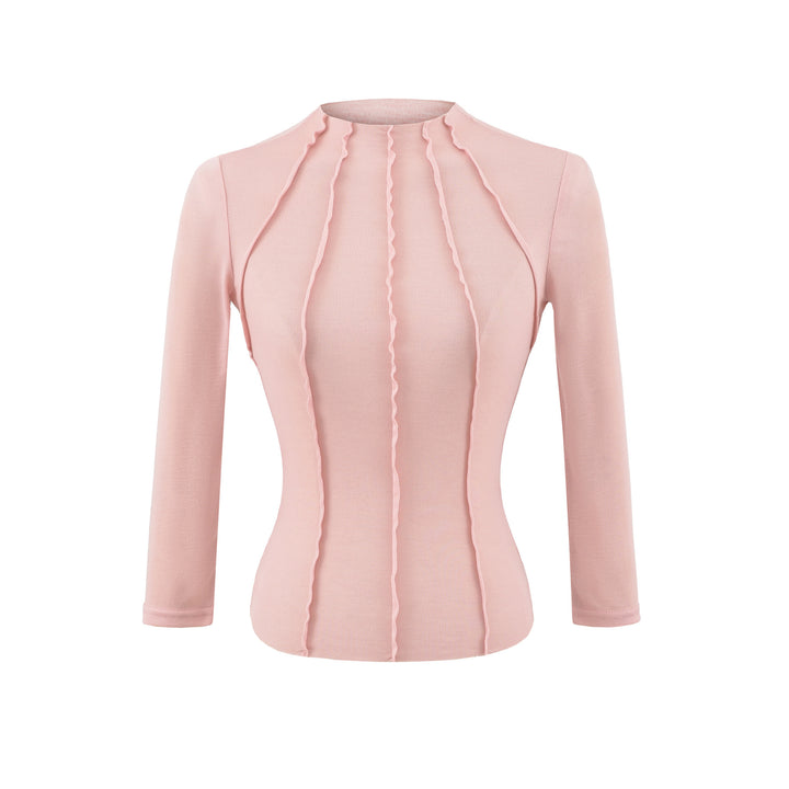Women's Fitted Long Sleeve Shirt with Stand-Up Collar and Decorative Ruffles