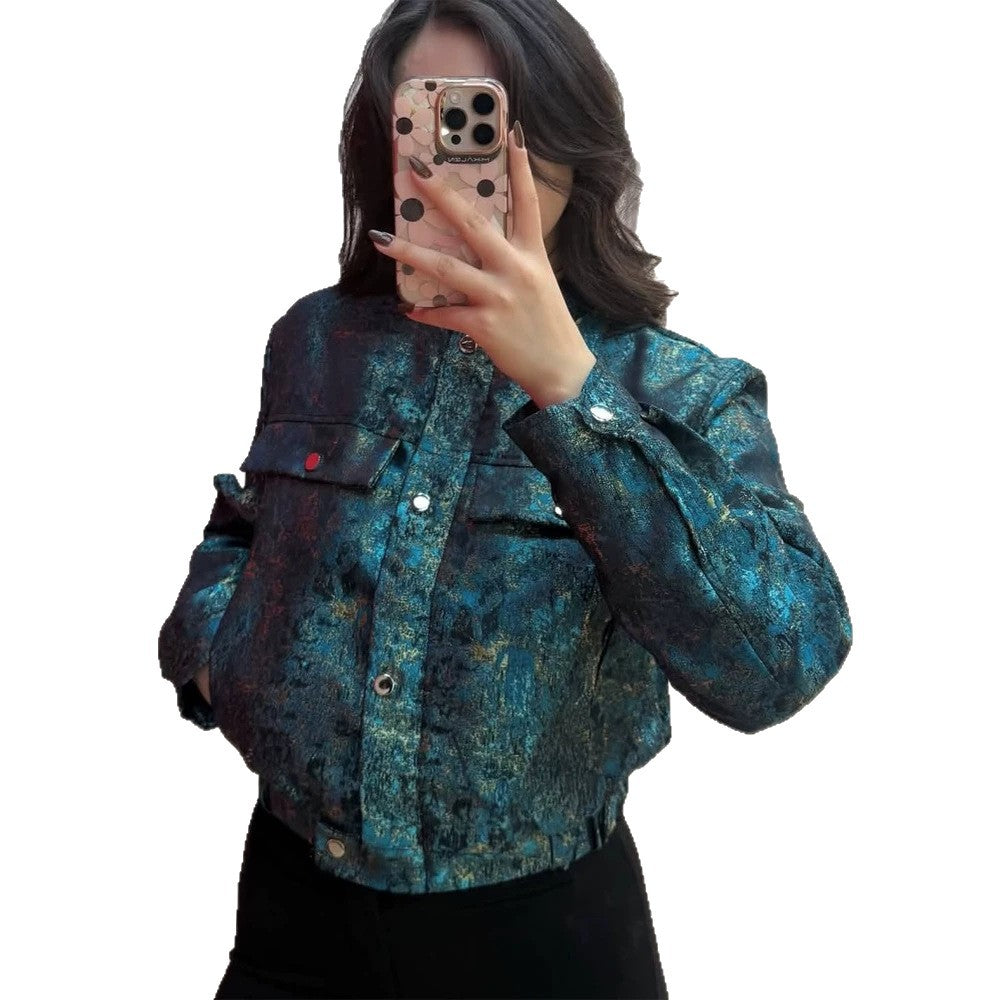 Women's Short Jacket in Metallic Jacquard with Snap Button Placket and Flap Pockets Mune Fashion