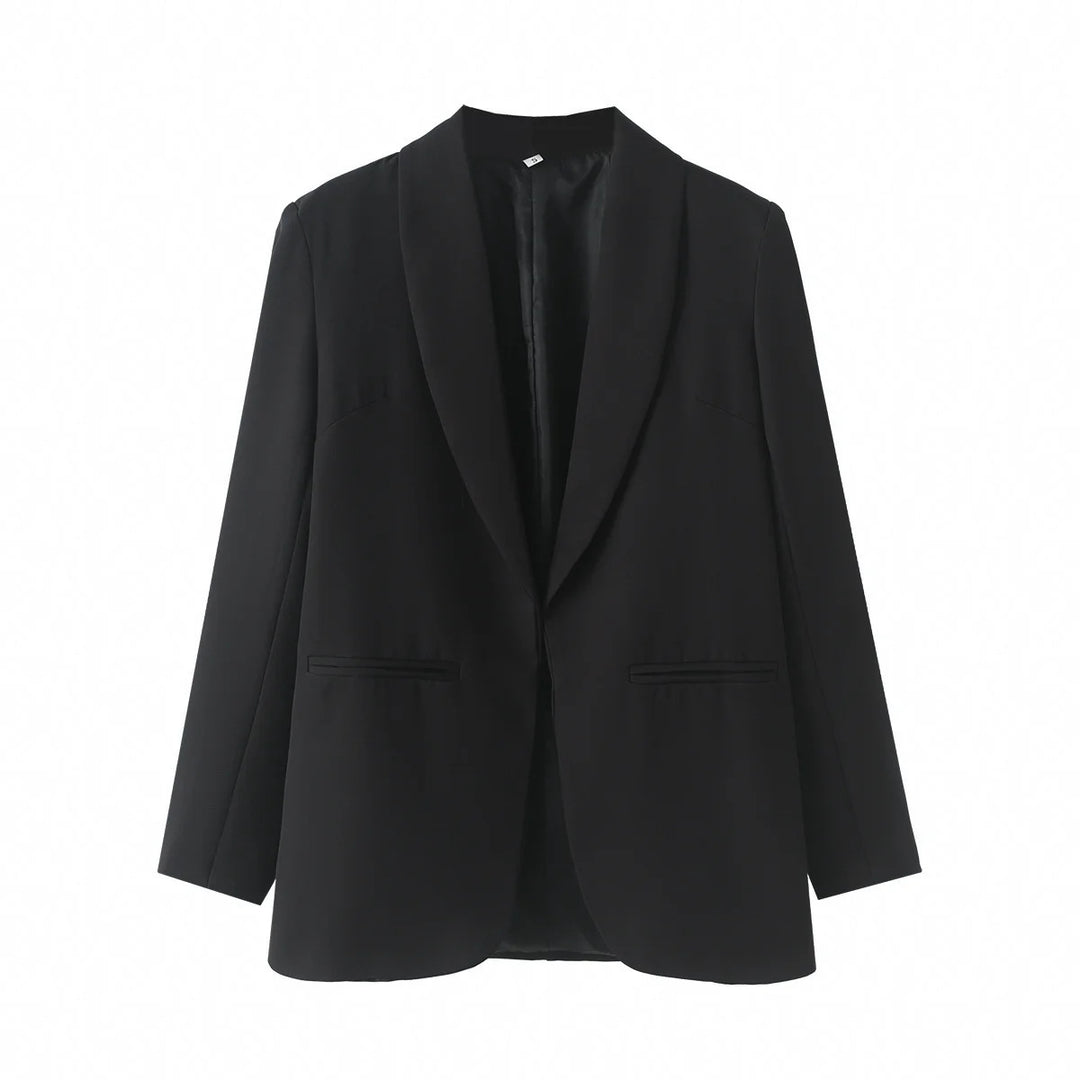 Ladies long blazer with shawl collar, unstructured fall and piped welt pockets Mune Fashion