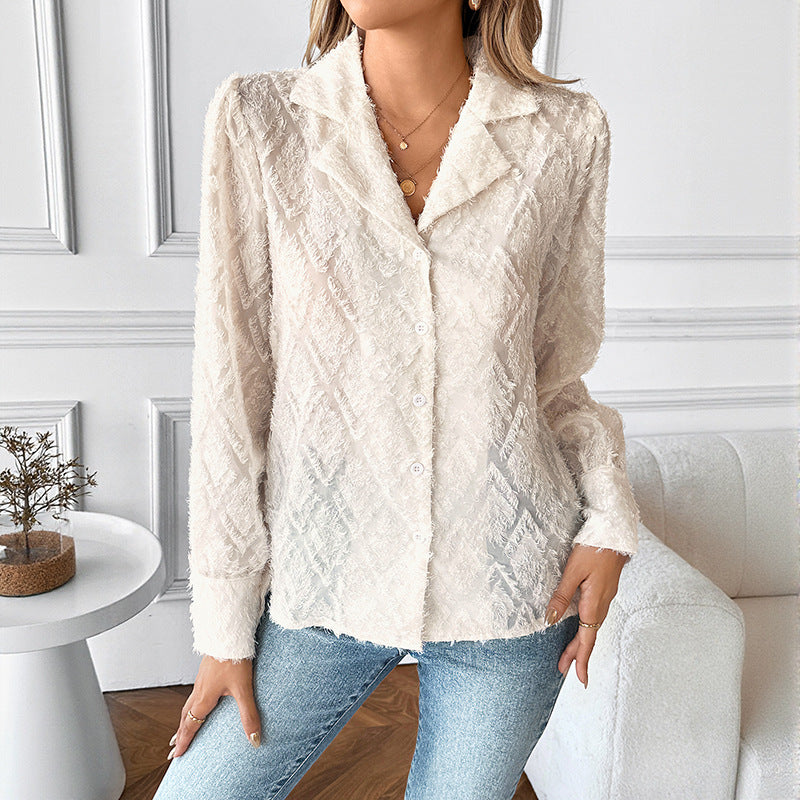 Women's Textured Chiffon Blouse with Lapel Collar and Textured Pattern Mune Fashion
