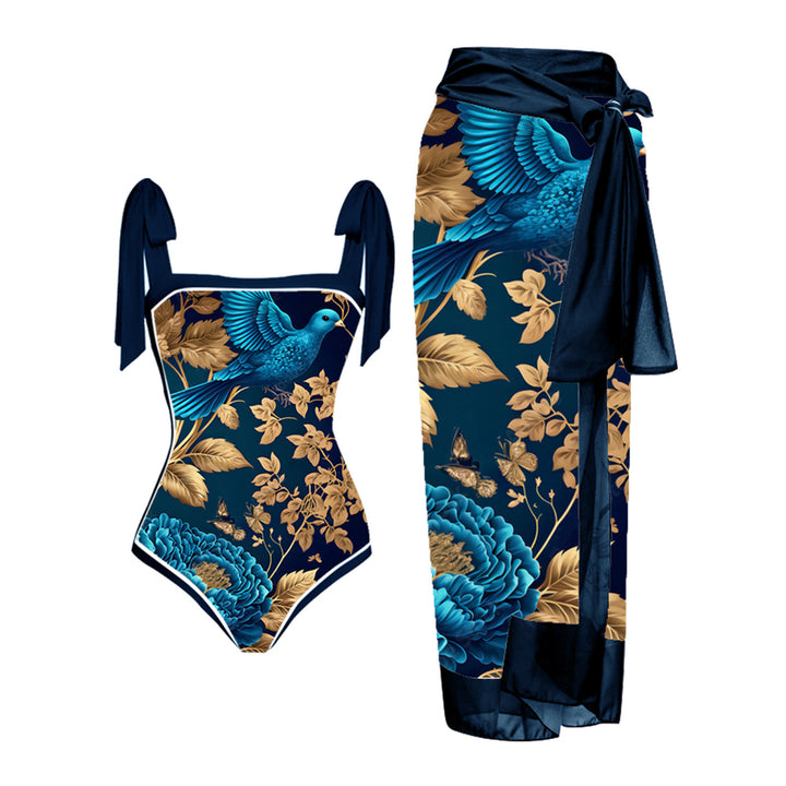 Women's One-Piece Swimsuit with Romantic Gatherings and Combined Wrap Skirt Mune Fashion