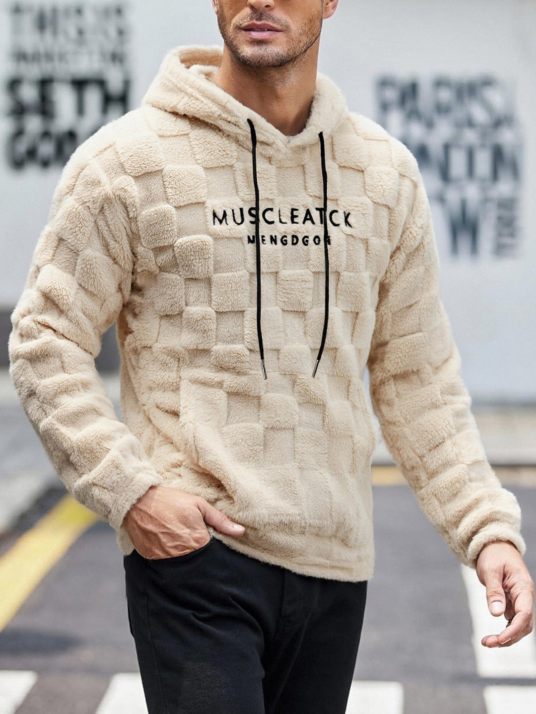 Men's fluffy Sherpa hoodie with square quilting pattern, kangaroo pocket and adjustable hood Mune Fashion