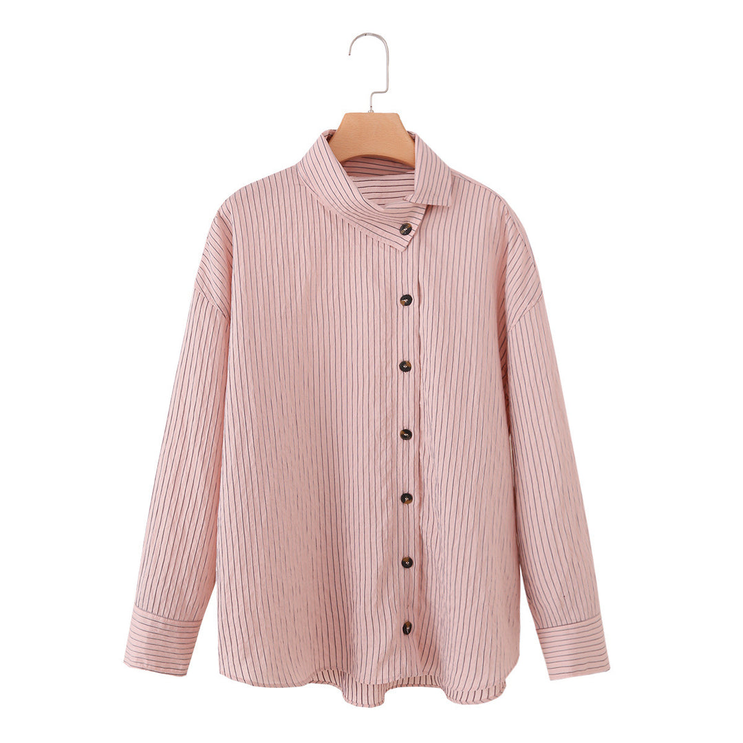 Women's Oversize Blouse with Stand-Up Collar, Fine Pinstripes and Continuous Button Placket Mune Fashion