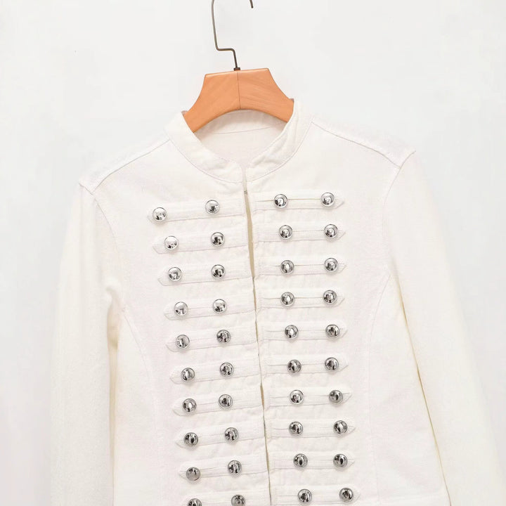 Women's military-style jeans jacket with stand-up collar and decorative button plackets Mune Fashion
