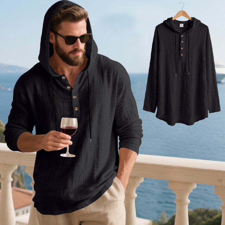 Men's casual hooded Henley shirt in linen look with continuous button placket and relaxed fit Mune Fashion