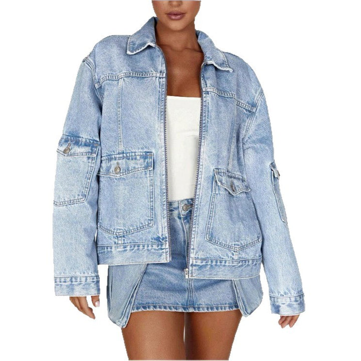 Women's Oversize Utility Denim Jacket with Large Flap Pockets and Zipper Mune Fashion