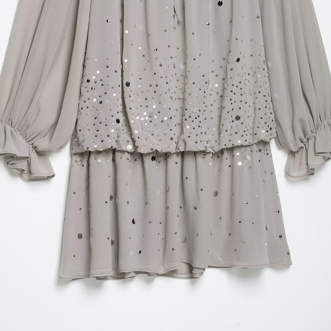 Women flowy chiffon mini dress with off-shoulder neckline, ruffles and sequins Mune Fashion