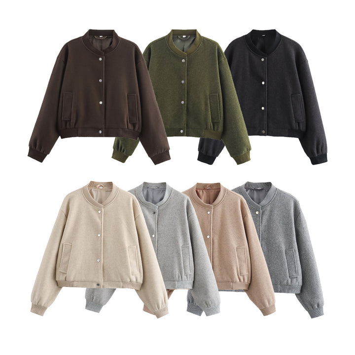 Women’s Oversized Bomber Jacket in Wool Blend with Snap Closure and Ribbed Hem Mune Fashion