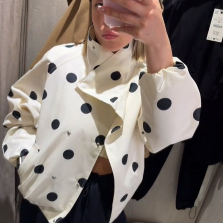 Women's cropped bomber jacket with oversized shawl collar and polka dot print Mune Fashion