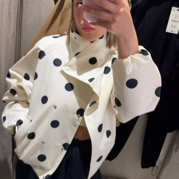 Women's cropped bomber jacket with oversized shawl collar and polka dot print Mune Fashion