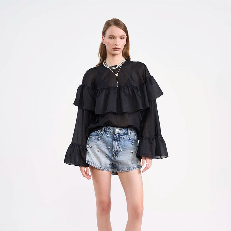Women's Transparent Ruffle Blouse with Double Ruffle and Bell Sleeves Mune Fashion