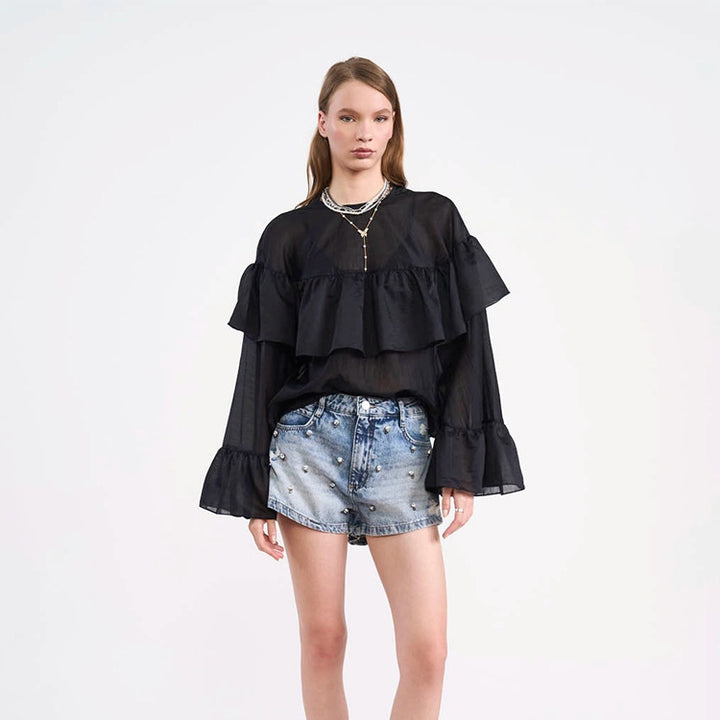 Women's Transparent Ruffle Blouse with Double Ruffle and Bell Sleeves Mune Fashion