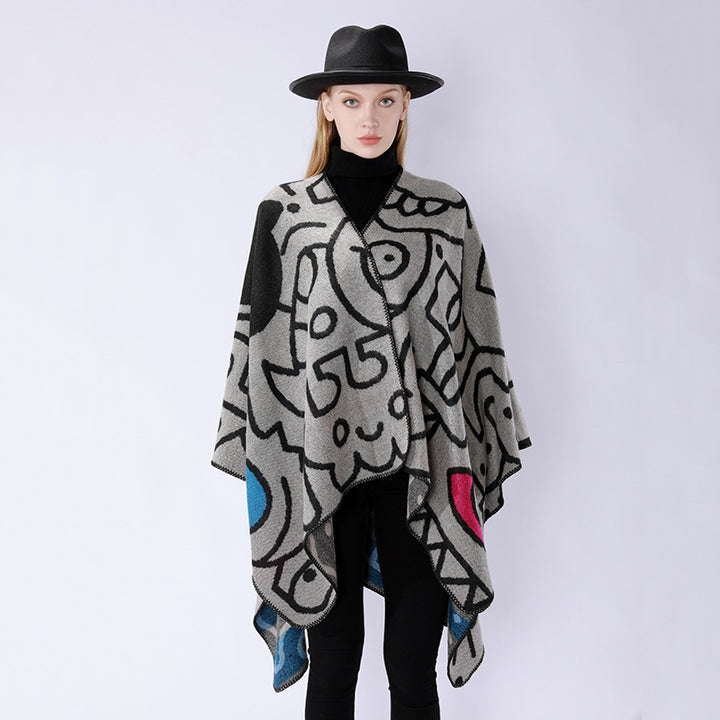 Women's oversized poncho in artistic print with two-tone edge processing and asymmetrical pointed hem Mune Fashion