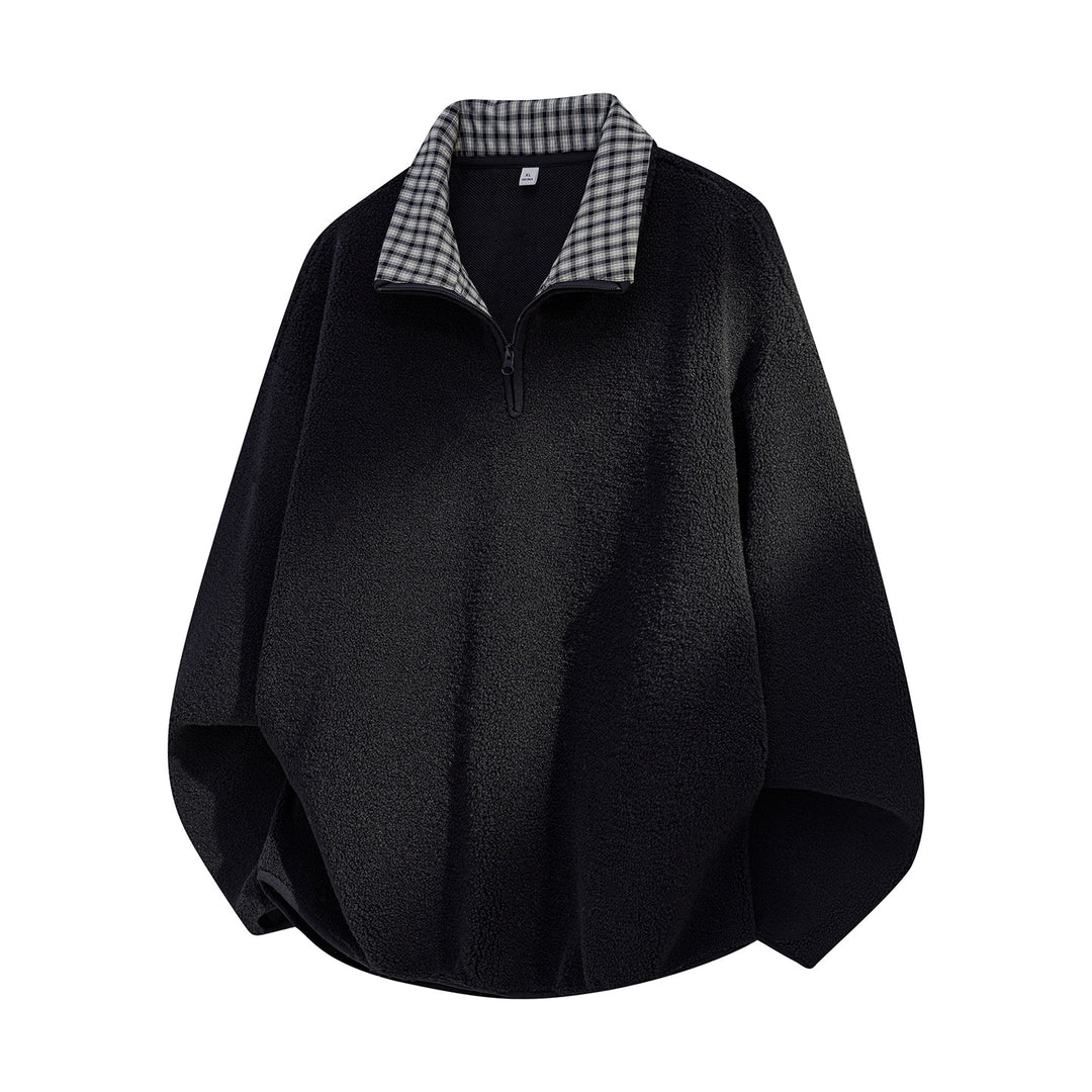 Men's Oversized Sherpa Fleece Pullover with Half Zip and Checked Collar Mune Fashion