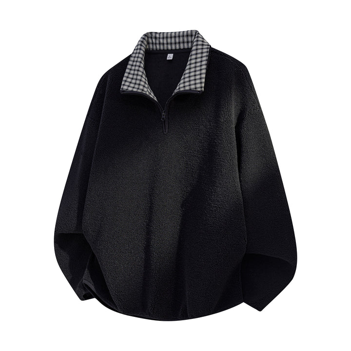Men's Oversized Sherpa Fleece Pullover with Half Zip and Checked Collar Mune Fashion
