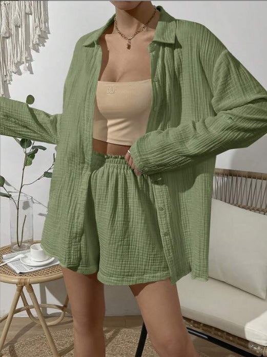 Women nan airy-light two-piece lounge set made of cotton gauze with shirt blouse and elastic waistband shorts Mune Fashion