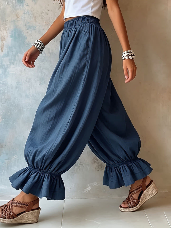 Women loose harem pants with elastic waistband, gathered legs and flounce hem Mune Fashion