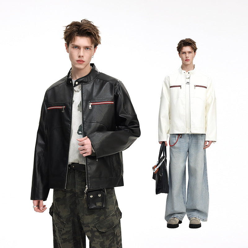 Herren Kunstleder-Bomberjacke mit Stehkragen, Zwei-Wege-Reißverschluss und Brustreißverschlusstaschen Mune Fashion