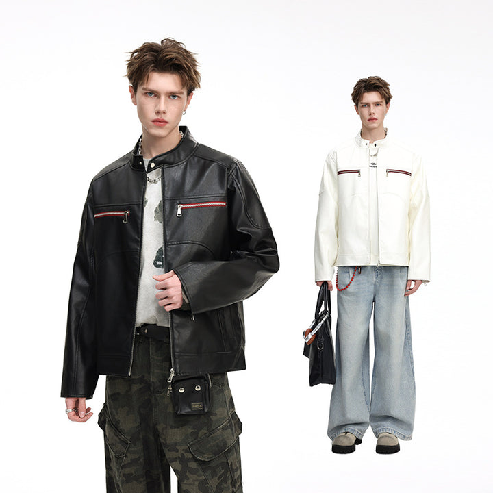 Herren Kunstleder-Bomberjacke mit Stehkragen, Zwei-Wege-Reißverschluss und Brustreißverschlusstaschen Mune Fashion