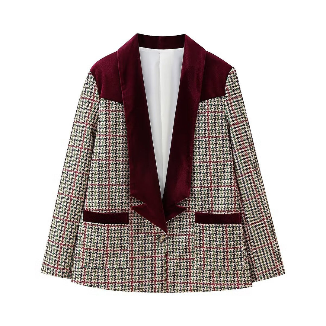 Women Houndstooth Blazer with Velvet Shawl Collar and Patch Pockets Mune Fashion